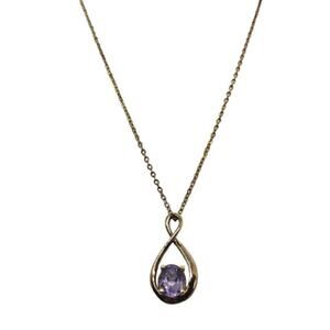 Vintage Amethyst Glass Pendant Necklace 14k Gold GE on Chain signed LIND